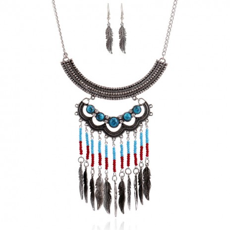 European and American Trade Exaggerated Retro Bohemian Beads Feather Tassel Necklace Sets