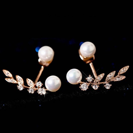 Korean fashionable style earrings 925 sterling silver zircon leaf rear hanging female pearl earrings