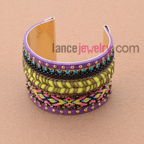 Colorful cord pattern,nice rhinestone and dark color metal chain decorated iron bangle