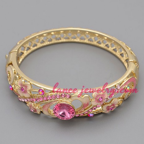 Hot rose color rhinestone beads findings alloy bangle