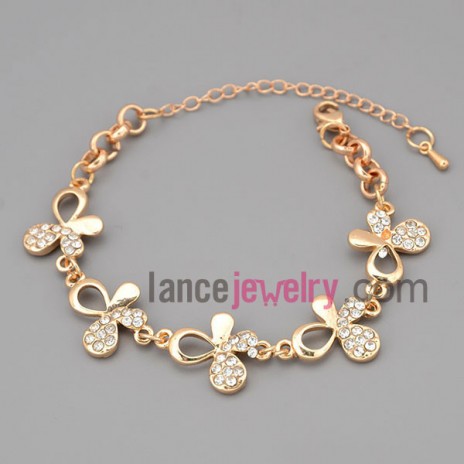 Gorgeous bracelet with gold zinc alloy and metal chain decorate many small size rhinestone 
