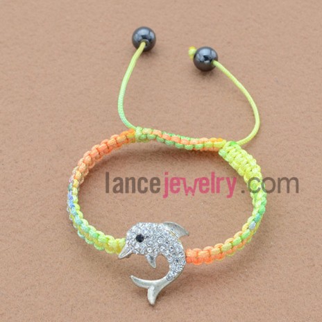 Sweet dolphin rhinestone alloy parts decorated weaving bracelet