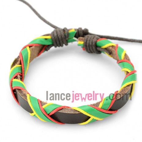 Shiny bracelet with brown  leather decorated colorful rubber
