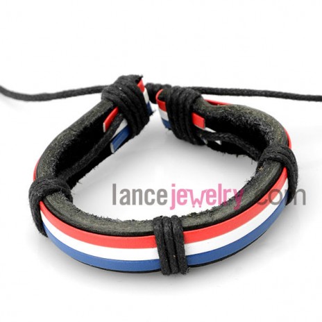 Corlorful bracelet decorated with  black leather wrapped around multicolor rubber