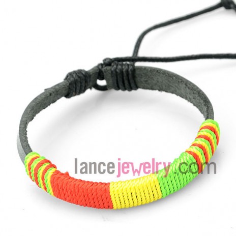 Corlorful bracelet decorated with  gray leather wrapped around multicolor rubber