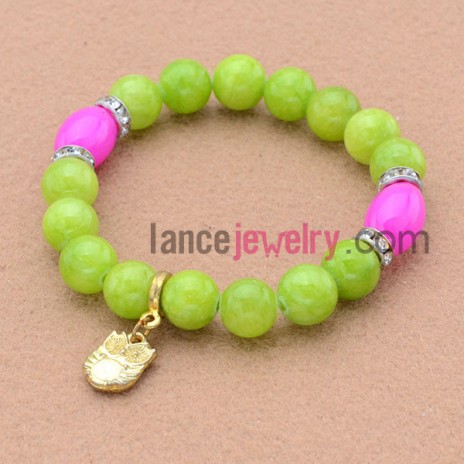 Mix color stone,rhinestone and nice owl alloy pendant decorated stone beads bracelet.