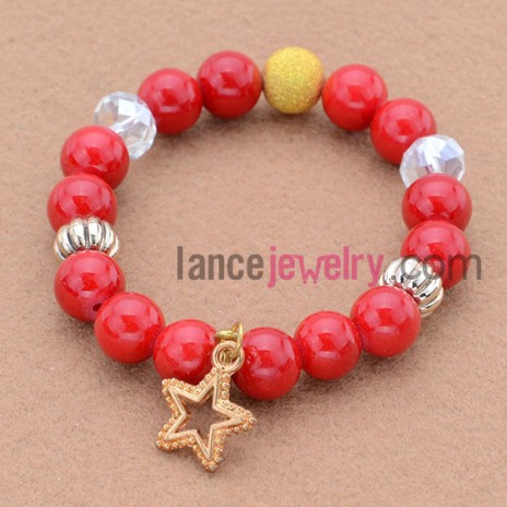 Gorgeous red color and clear acrylic bead bracelet with rhinestone 5 star pendant.