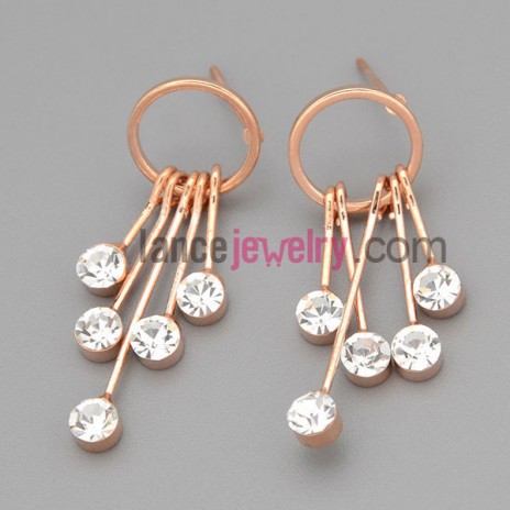 Shiny earrings with gold zinc alloy decorated shiny rhinestone pendant