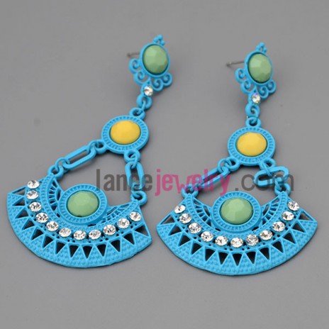 Fascinating earrings with alloy decorate shiny rhinestone and blue resin