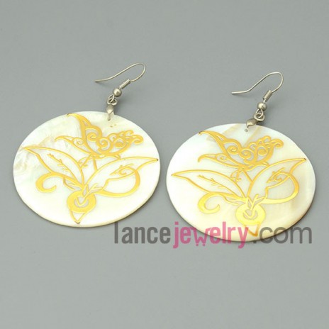 Round shell earrings with gold printing on the drops