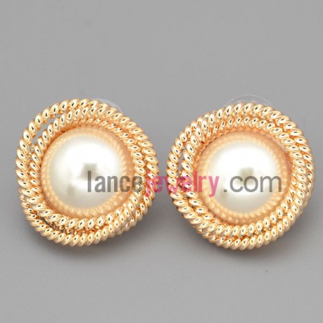 Cute stud earrings with gold brass decorated abs bead