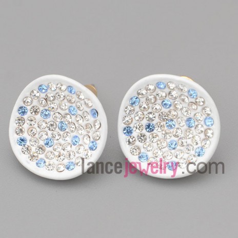 Romantic stud earrings with zinc alloy decorated blue and white rhinestone 