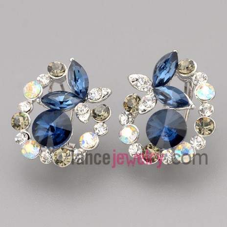 Sweet stud earrings with zinc alloy decorated many different color and size rhinestone 