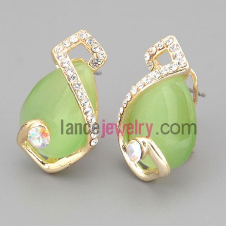 Romantic stud earrings with zinc alloy decorated many rhinestone and light green cat eye