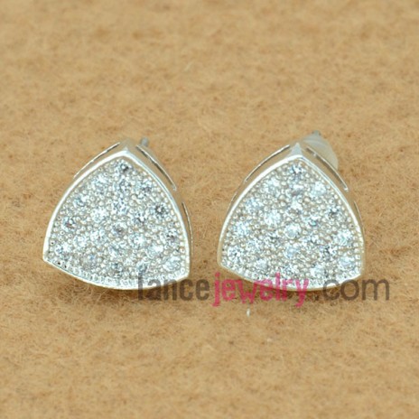Cute stud earrings with copper alloy decorated transparent cubic zirconia with triangle shape