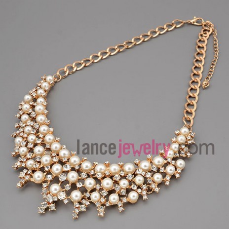 Fascinating necklace with gold metal chain & alloy part decorate shiny rhinestone and abs beads