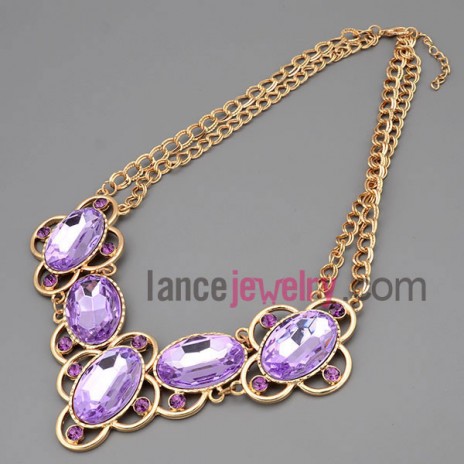 Statement necklace with gold metal chain & alloy pendant decorate purple rhinestone and crystal with big size oval model