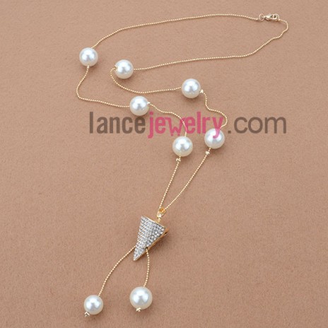 High Quality Sweater Chain Necklace with Alloy Fingings,Rhinestone Decorated