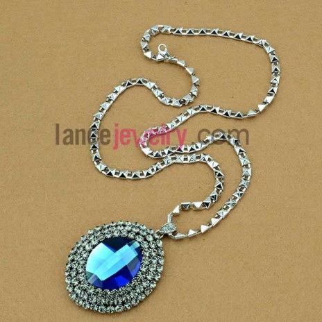 Rhinestone ornate crystal oval pendant sweater chain necklace