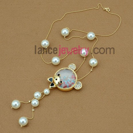 Lovely hand-made imitation pearl & rhinestone bear ornate strand necklace