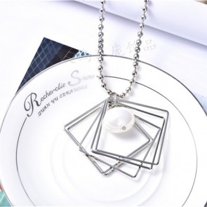 Korean Style Long Paragraph Fashionable Easy-matching Square Pendant Pearl Sweater Chain Necklace
