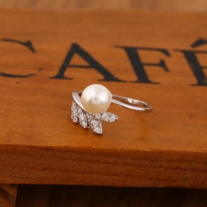 Korean Leaves Zircon Delicate Pearl Inlay Ring Opening Fashionable Personality Female Ring
