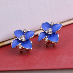 Four Noble Navy Blue Drip Surface Retro Camellia Flowers Diamond Earrings