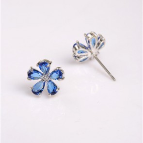 Korean Fashionable High-grade Fine Zircon Studded Sapphire Four-leaf Flower Crystal Earrings