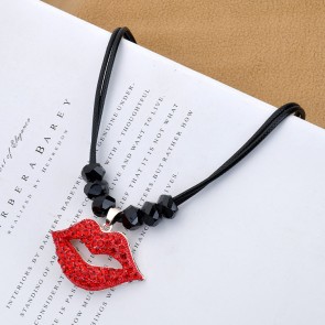 Hot Red Rhinestone Big Mouth Applique Pendant Necklace