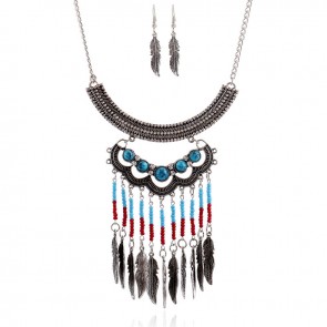 European and American Trade Exaggerated Retro Bohemian Beads Feather Tassel Necklace Sets