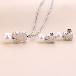 Gold-plated Titanium Steel Jewelry Cute Bear Suit Three-piece Pearl Earrings Exquisite Korean Necklace Set