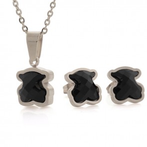 Stainless Steel Crystal Glass Imitation Agate Bear Suit Necklace and Earring Set