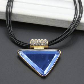 Blue Color Pendant Leather Rope with Blue Crystal Diamond Shiny Necklace