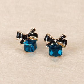 2016 Korean New Style Jewelry Fashionable Bowknot Blue Crystal Cube Hypoallergenic Earrings
