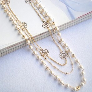 Korean Style Jewelry Wholesale Exquisite Long Paragraph Multilayer Pearl Rose Flower Female Sweater Chain Necklace