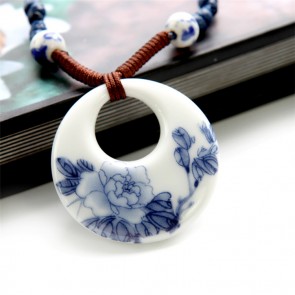 Jingdezhen Porcelain Jewelry White And Blue Flower Ceramic Pendant Necklace