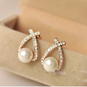 Korean New Style Pearl Cross Full Diamond Earrings