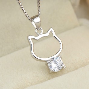 Factory Direct Wholesale 925 Sterling Silver Cute And Lovely Kitty Zircon Paved Pendant Necklace