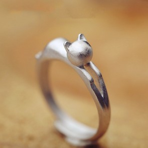 925 Sterling Silver Rings Korean Small Fresh Literary Kitten Ring Opening Drawing Adjustable Ring
