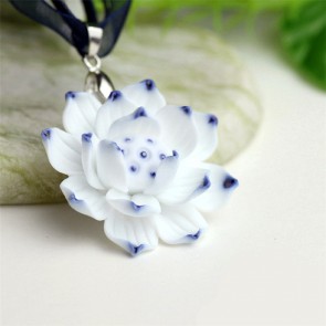 Handmade Blue And White Ceramic Jewelry Lotus Flower Pendant Necklace