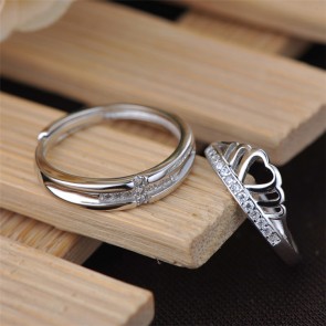 925 Sterling Silver Opening Crown Ring Micro Pave Couple's Rings 