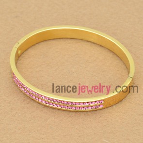 Stainless Steel Golden Bangle with Pink Rhinestone