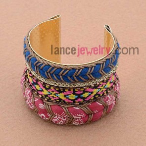 Classic fabric, mix color cord pattern and metal chain decorated iron bangle