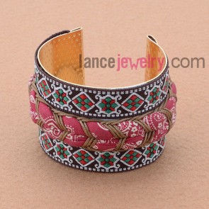 Trendy fabric,coffee color cord and mix color pattern cord decorated iron bangle