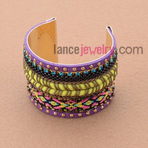 Colorful cord pattern,nice rhinestone and dark color metal chain decorated iron bangle