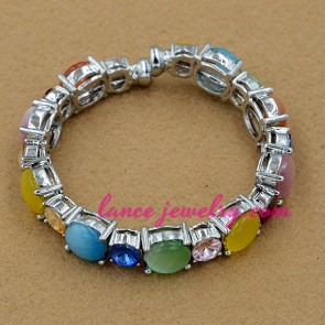 Fashion mix color crystal and gemstone beads decoration alloy bangle