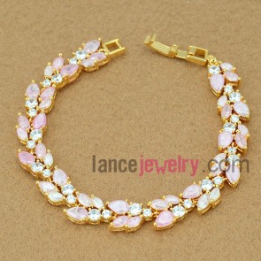 Sweet bracelet with copper alloy decorated many different size pink cubic zirconia 