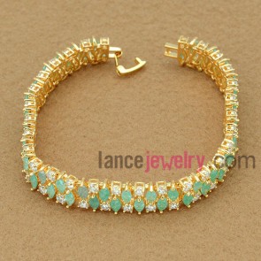 Fantastic bracelet with copper alloy decorated light green cubic zirconia with drop shape