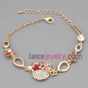 Romantic bracelet with gold zinc alloy and metal chain decorate different color rhinestone with cute flower shape