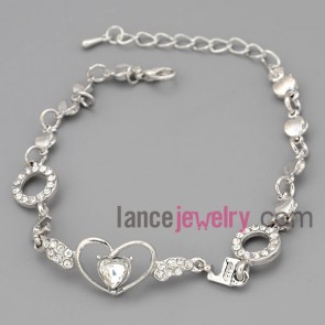 Sweet bracelet with silver zinc alloy and metal chain decorate shiny rhinestone with different shape